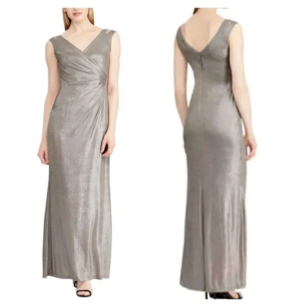Lauren Ralph Lauren Women's Faux Wrap Ruched Sleeveless Gray Maxi Dress 2 NWT